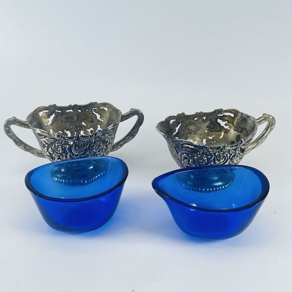 Antique Silver Plated Rose Floral Design Cobalt Blue Lined Sugar And Creamer Set - Picture 7 of 16